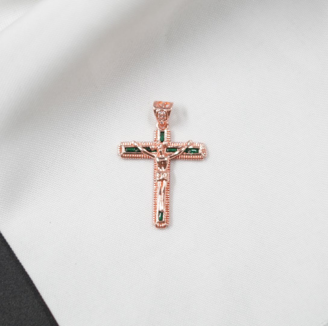 Miniatura 1 de DIJE CRUZ JESUS ROSADO PIEDRAS VERDES